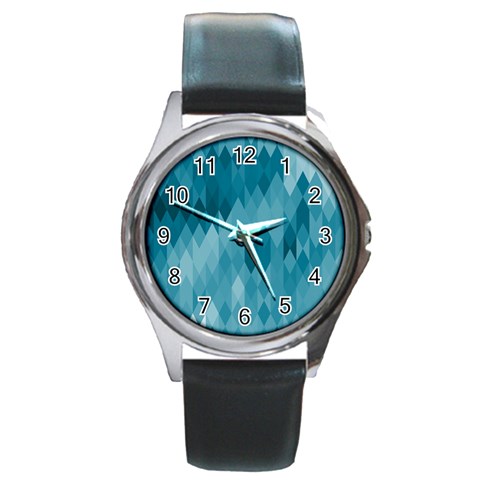 Cerulean Blue Geometric Patterns Round Metal Watch from ArtsNow.com Front