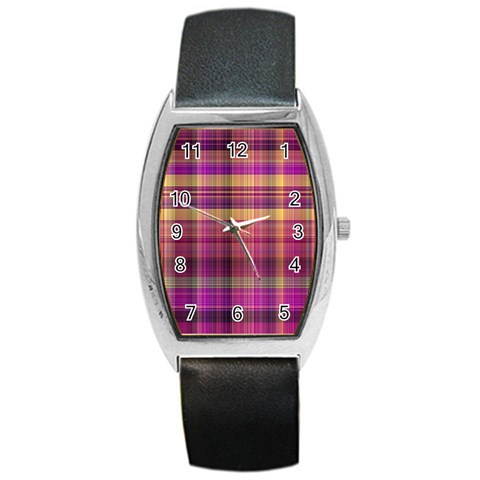 Magenta Gold Madras Plaid Barrel Style Metal Watch from ArtsNow.com Front