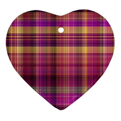 Magenta Gold Madras Plaid Heart Ornament (Two Sides) from ArtsNow.com Front