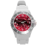 Crimson Red Black Swirl Round Plastic Sport Watch (L)