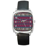 Boho Red Teal Pattern Square Metal Watch