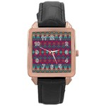 Boho Red Teal Pattern Rose Gold Leather Watch 