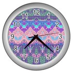 Boho Patchwork Violet Pink Green Wall Clock (Silver)