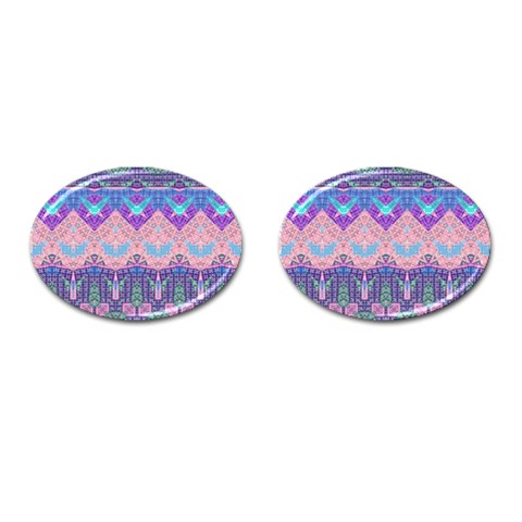 Boho Patchwork Violet Pink Green Cufflinks (Oval) from ArtsNow.com Front(Pair)