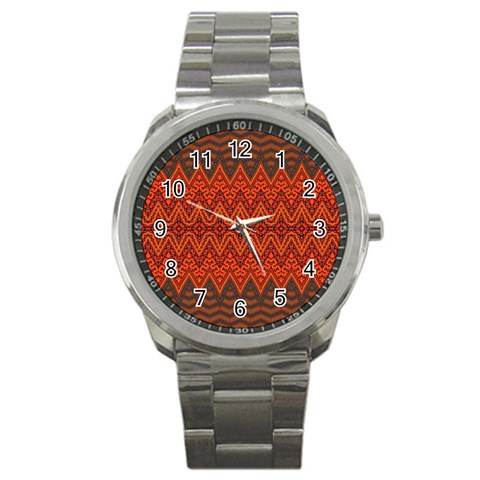Boho Rust Orange Brown Pattern Sport Metal Watch from ArtsNow.com Front