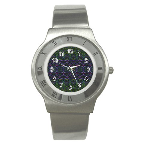 Boho Purple Green Pattern Stainless Steel Watch from ArtsNow.com Front