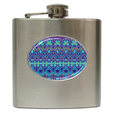 Boho Purple Blue Teal Floral Hip Flask (6 oz) from ArtsNow.com Front
