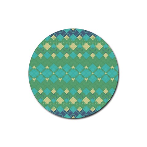 Boho Green Blue Checkered Rubber Coaster (Round)  from ArtsNow.com Front