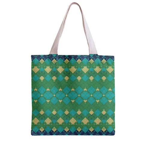 Boho Green Blue Checkered Zipper Grocery Tote Bag from ArtsNow.com Front