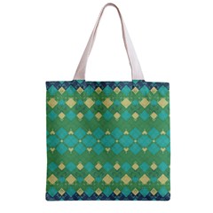 Boho Green Blue Checkered Zipper Grocery Tote Bag from ArtsNow.com Front