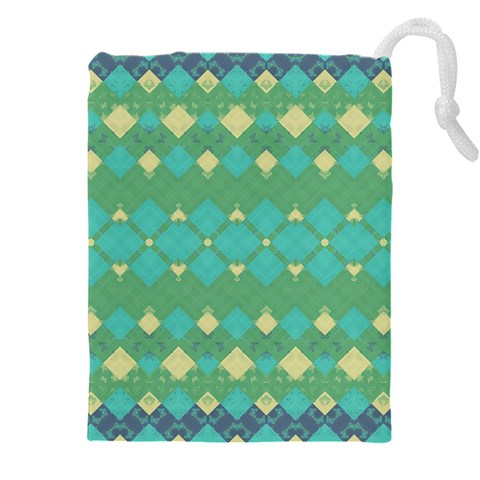 Boho Green Blue Checkered Drawstring Pouch (4XL) from ArtsNow.com Front