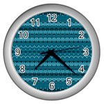 Boho Teal Pattern Wall Clock (Silver)