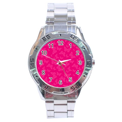 Magenta Pink Butterflies Pattern Stainless Steel Analogue Watch from ArtsNow.com Front
