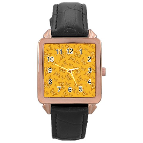 Mustard Yellow Monarch Butterflies Rose Gold Leather Watch  from ArtsNow.com Front