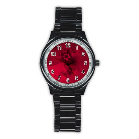 Scarlet Red Floral Print Stainless Steel Round Watch from ArtsNow.com Front