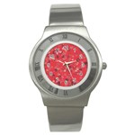 Red Wildflower Floral Print Stainless Steel Watch