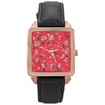 Red Wildflower Floral Print Rose Gold Leather Watch 