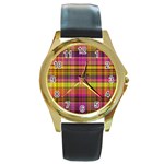 Pink Yellow Madras Plaid Round Gold Metal Watch