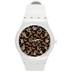 Black Gold Butterfly Print Round Plastic Sport Watch (M)