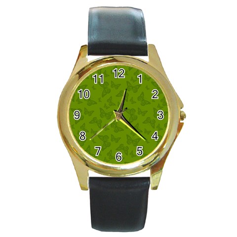 Avocado Green Butterfly Print Round Gold Metal Watch from ArtsNow.com Front