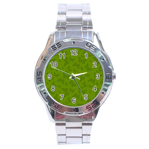 Avocado Green Butterfly Print Stainless Steel Analogue Watch from ArtsNow.com Front