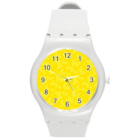 Lemon Yellow Butterfly Print Round Plastic Sport Watch (M) from ArtsNow.com Front