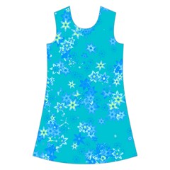 Aqua Blue Floral Print Kids  Short Sleeve Velvet Dress from ArtsNow.com Front