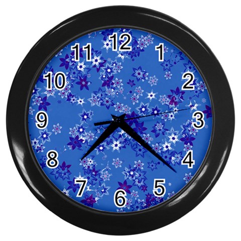 Cornflower Blue Floral Print Wall Clock (Black) from ArtsNow.com Front