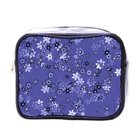 Slate Blue With White Flowers Mini Toiletries Bag (One Side) from ArtsNow.com Front