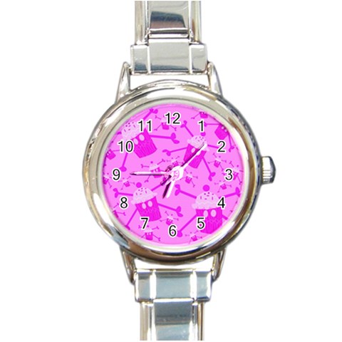 Cccartonnslogobg7 Cupycakescollage11pinknewbkgrd* Jokerscullzzz7117 Logohotpinkpattern Round Italian Charm Watch from ArtsNow.com Front