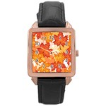 Autumn Leaves Pattern Rose Gold Leather Watch 