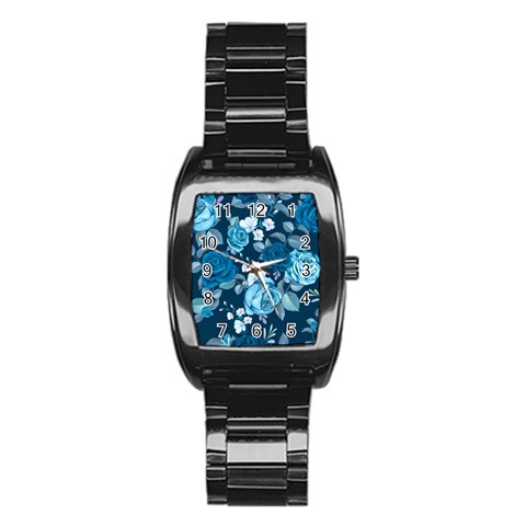 Blue Floral Print  Stainless Steel Barrel Watch from ArtsNow.com Front