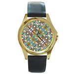 Multicolored Collage Print Pattern Mosaic Round Gold Metal Watch