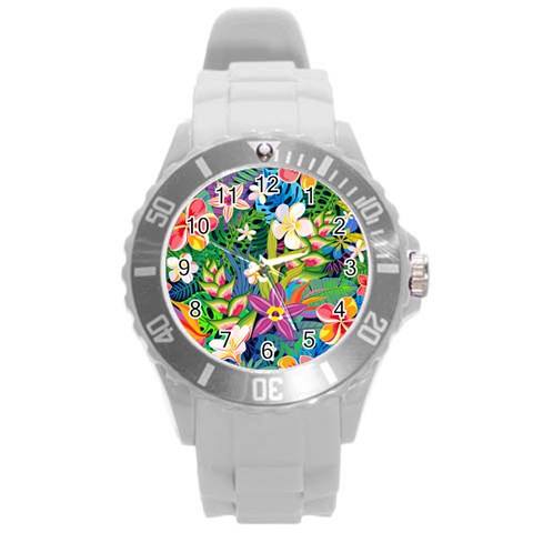 Colorful Floral Pattern Round Plastic Sport Watch (L) from ArtsNow.com Front