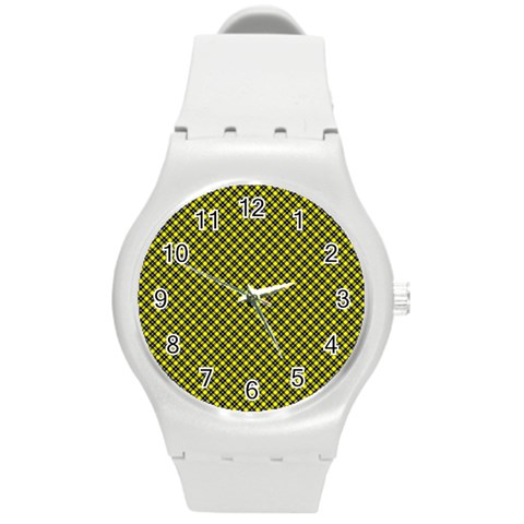 Cute yellow tartan pattern, classic buffalo plaid theme Round Plastic Sport Watch (M) from ArtsNow.com Front