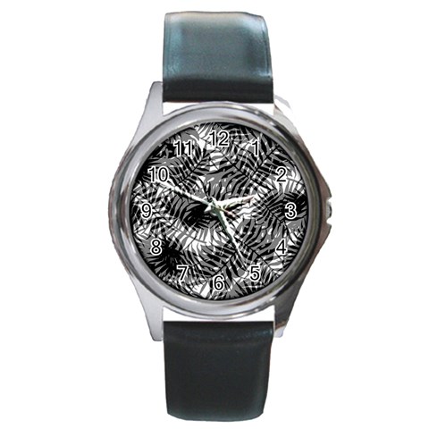 Tropical leafs pattern, black and white jungle theme Round Metal Watch from ArtsNow.com Front