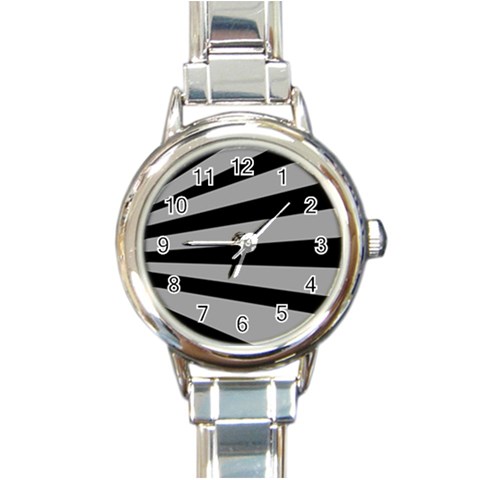 Striped black and grey colors pattern, silver geometric lines Round Italian Charm Watch from ArtsNow.com Front