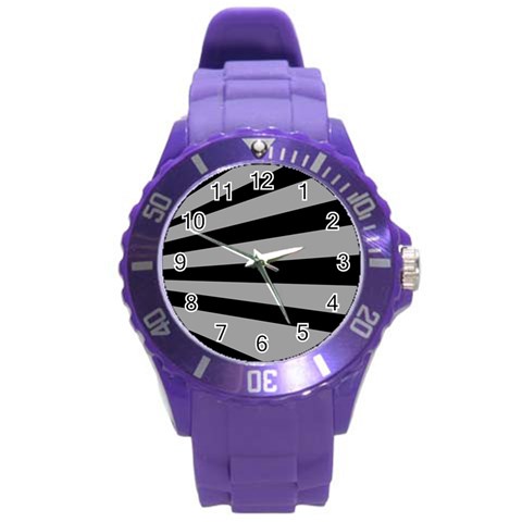 Striped black and grey colors pattern, silver geometric lines Round Plastic Sport Watch (L) from ArtsNow.com Front
