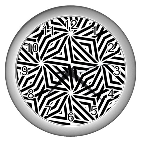 Black and white abstract lines, geometric pattern Wall Clock (Silver) from ArtsNow.com Front