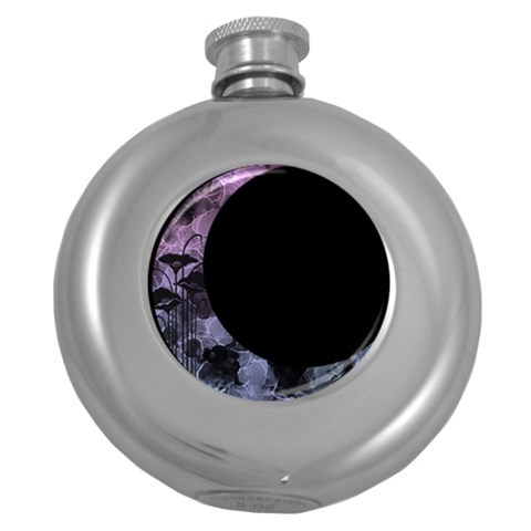 Floral pink and purple moon Round Hip Flask (5 oz) from ArtsNow.com Front