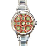 Red Green Floral Pattern Round Italian Charm Watch
