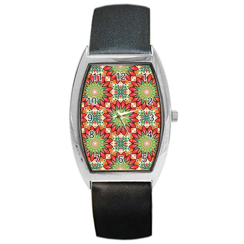 Red Green Floral Pattern Barrel Style Metal Watch from ArtsNow.com Front