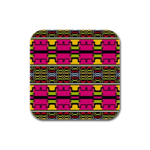 Pink yellow green shapes                                                       Rubber Square Coaster (4 pack from ArtsNow.com Front