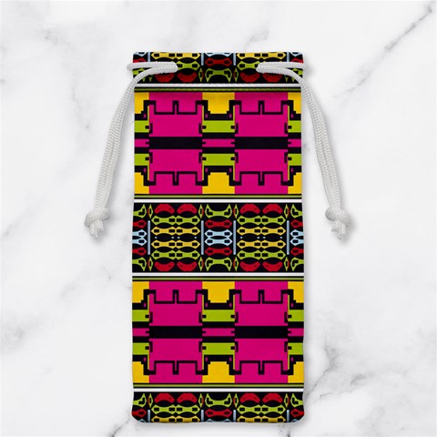 Pink yellow green shapes                                                       Jewelry Bag from ArtsNow.com Front