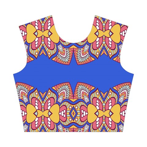 Yellow red shapes on a blue background                                                          Cotton Crop Top from ArtsNow.com Front
