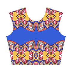 Yellow red shapes on a blue background                                                          Cotton Crop Top from ArtsNow.com Front
