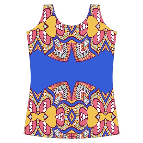 Yellow red shapes on a blue background                                                         Criss cross Back Tank Top from ArtsNow.com Front