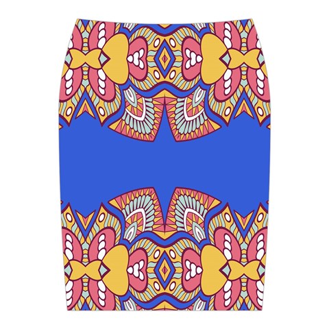 Yellow red shapes on a blue background                                                         Midi Wrap Pencil Skirt from ArtsNow.com Back