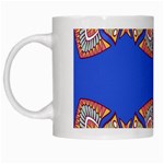 Yellow red shapes on a blue background                                                          White Mug
