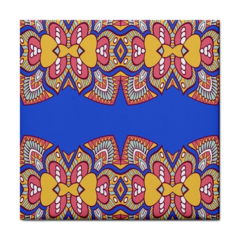 Yellow red shapes on a blue background                                                          Tile Coaster from ArtsNow.com Front